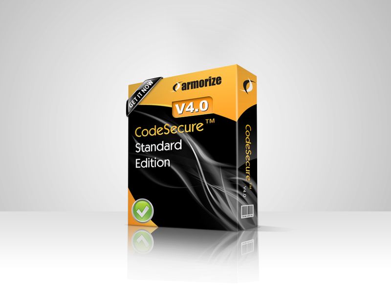 A black and orange software box for Armorize CodeSecure V4, photographed on a white ground.