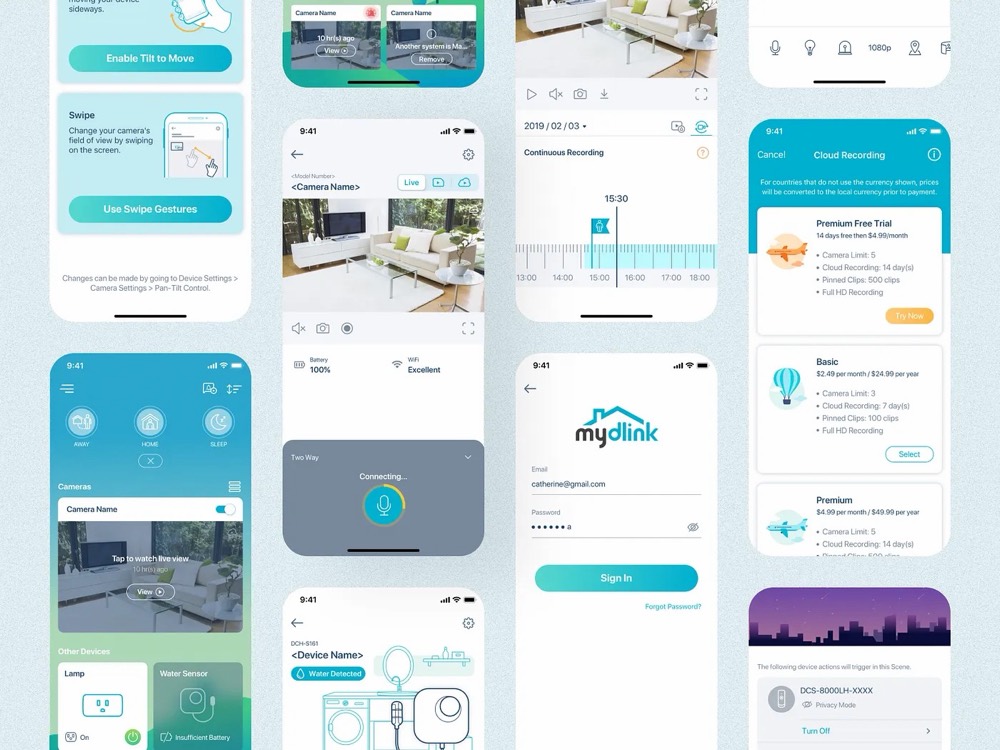 mydlink smart home app screens: device list, camera view and settings.