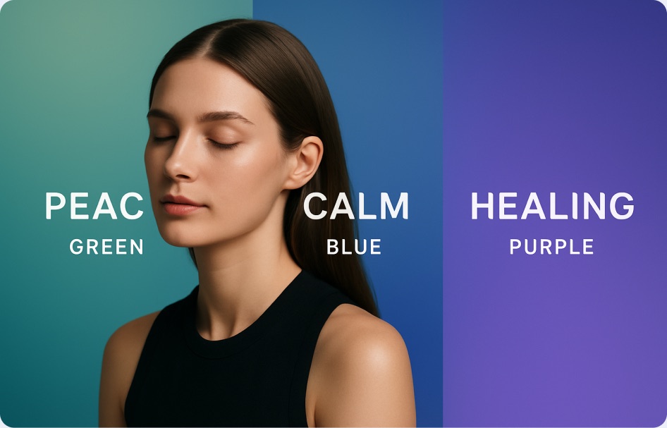 A three-part colour mood board: PEACE in green, CALM in blue, HEALING in purple.
