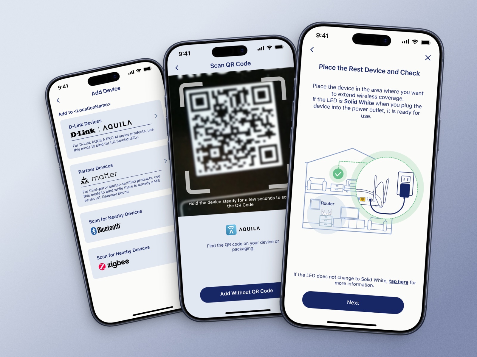 Three setup screens: choosing a connection type, scanning a QR code, and a floor-plan illustration showing where to place the extender.