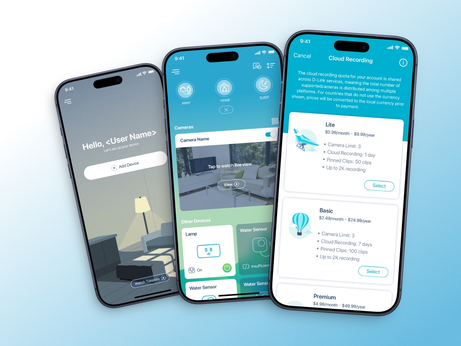 mydlink app screens showing cameras, smart plugs and sensors in one unified interface.