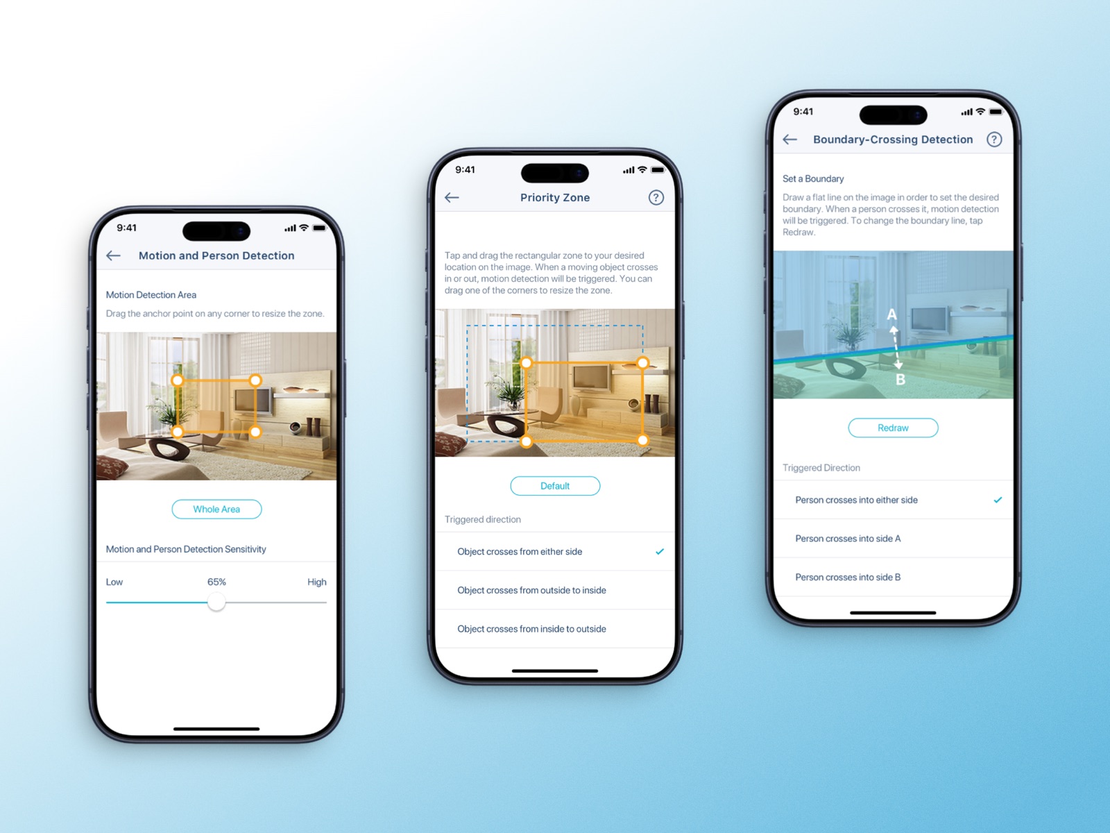 AI detection settings: drawing the area of interest directly on the camera view.