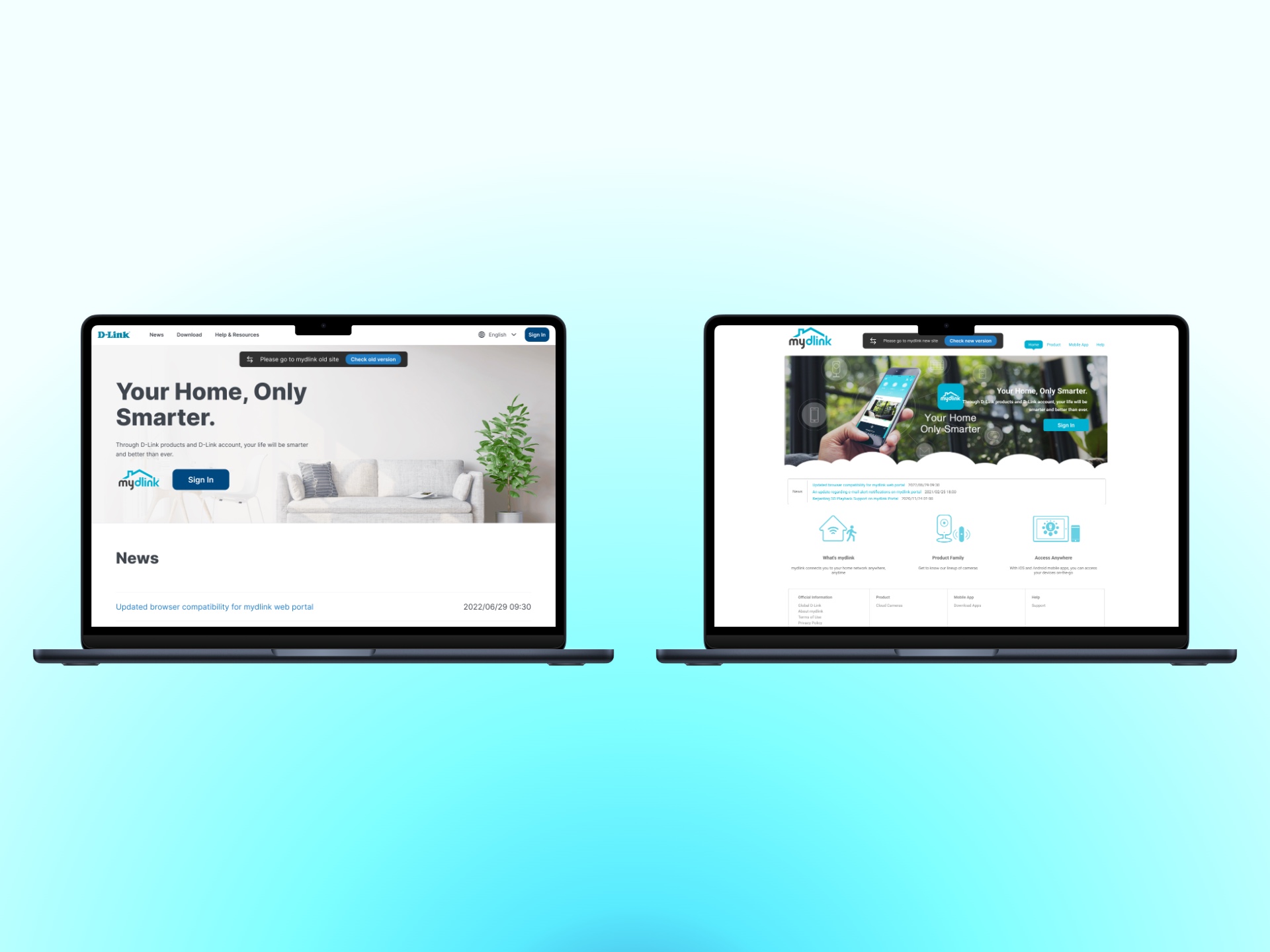 The two web portals side by side, each with a bar at the top linking to the other version.