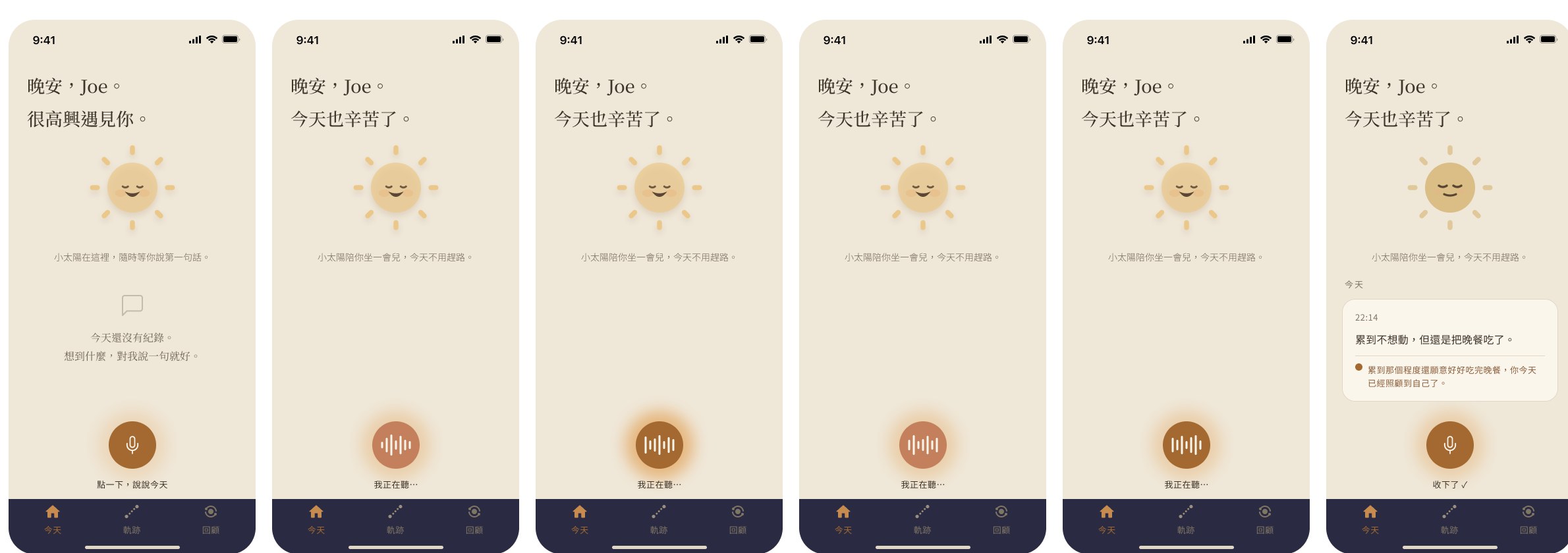 Six frames of the voice flow: the empty state with a microphone button, four frames of the button showing a live waveform while listening, and the final frame with the recorded sentence and the sun's reply saved as a card.
